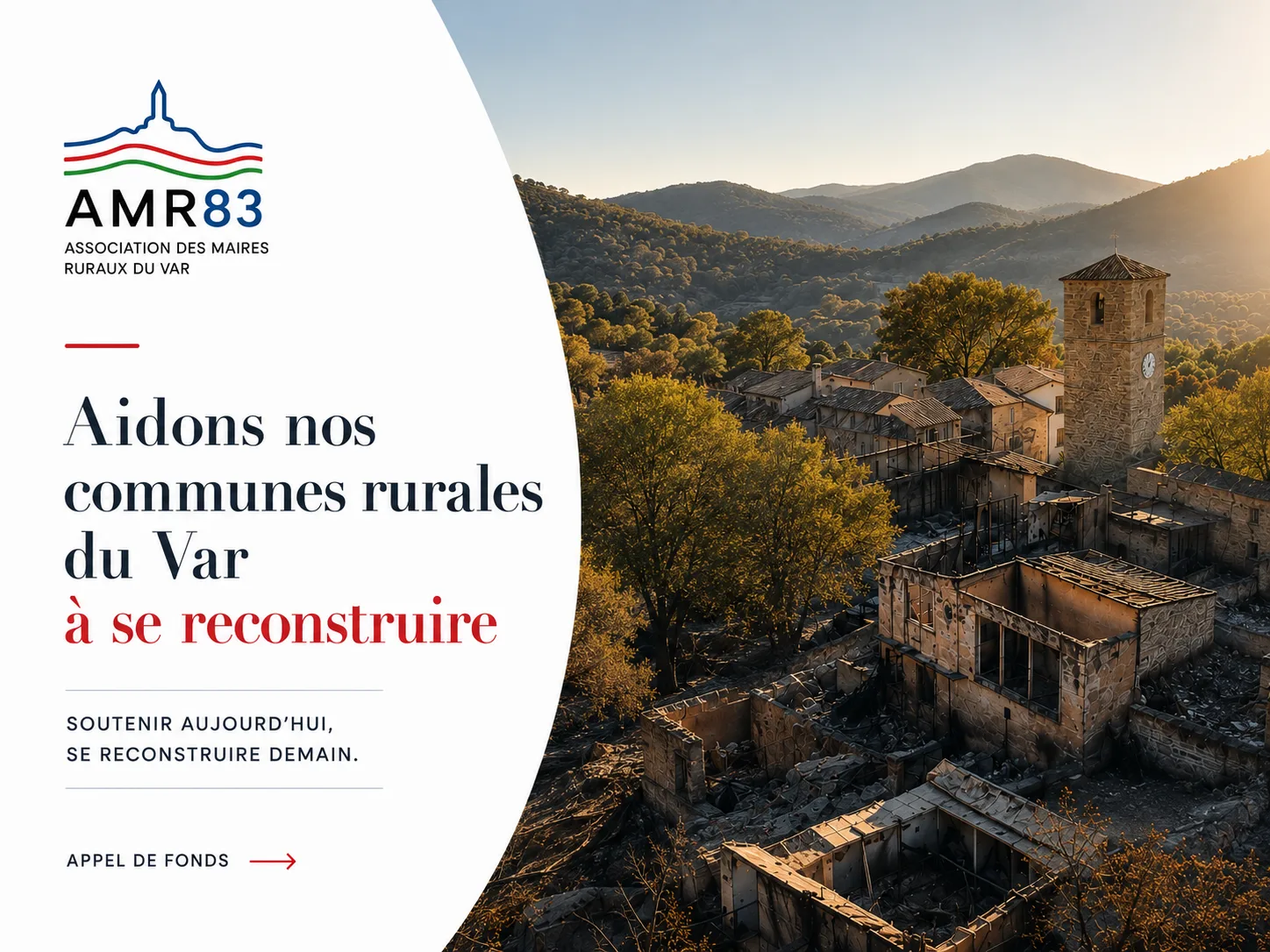 Visuel de campagne AMR83 : Aidons nos communes rurales du Var à se reconstruire